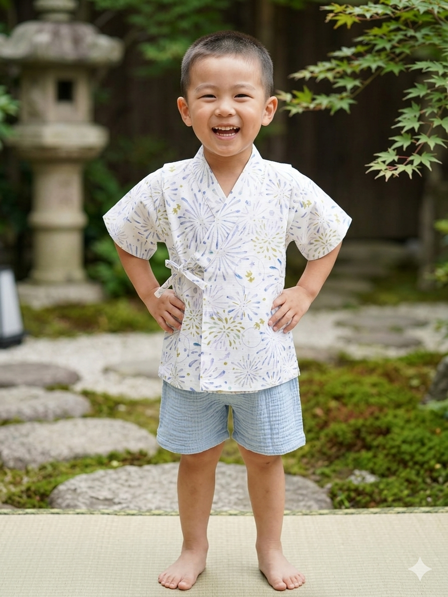 Crazy for Kids Japanese-Style Yukata for Kids (Blue Fireworks)